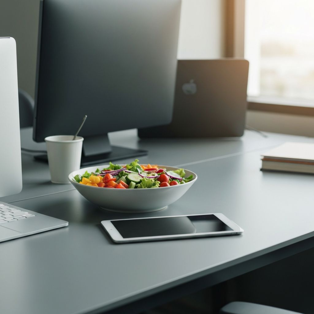 Pult sa salatom i tabletom - ručak i produktivnost